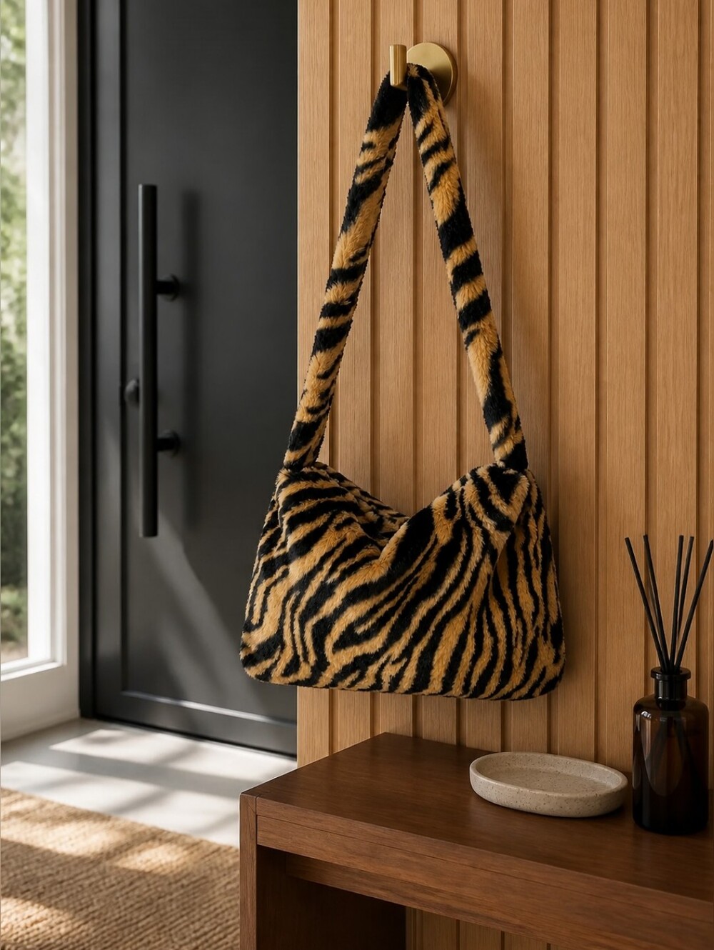 Hobo Bag With Plush  Faux Tiger Print